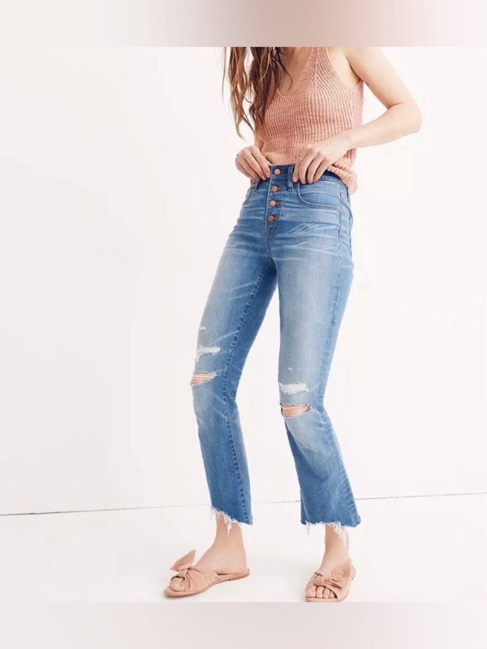 Women’s Madewell Cali Demi-Boot Jeans Cropped Button-Front Distressed Sz‎ 24